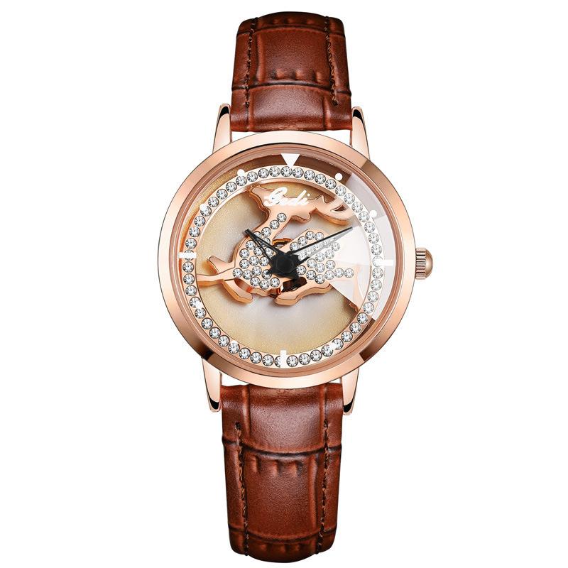 

Light Luxury Diamond-Encrusted One Deer Has Your Watch, Niche High-End Leather Quartz Watch, Women S Fashion Waterproof Watch темно-коричневого кольору