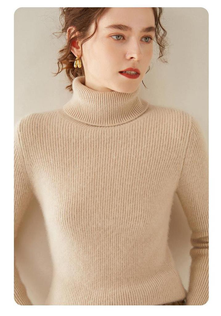Women's High Neck Striped Cashmere Sweater - Slim-Fit Seven-Needle Knit for Autumn & Winter
