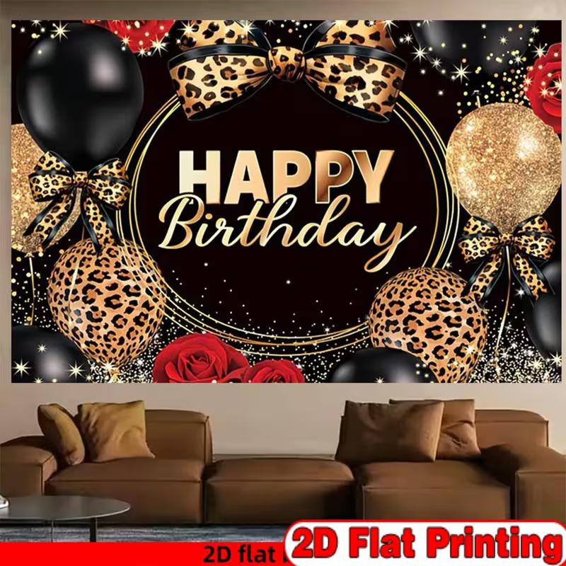 2D Leopard Print Happy Birthday Backdrop, Black Gold Balloon Party Decor