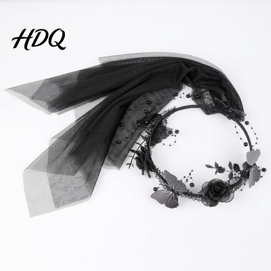 Dark Bride Cosplay Accessory Rose Black Butterfly Veil Headband Hair Hoop