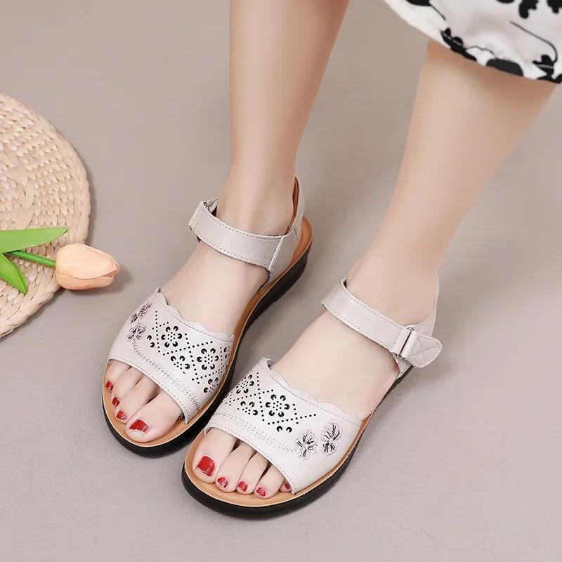 Mode Damen Sommer Neue Keilsandalen Echtes Leder Offene Zehen Bequeme Sandale Lässige Rutschfeste Strandsandalen für Damen Sandalias Mujer