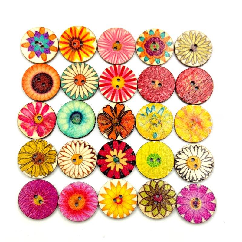 100-Pack Retro Wooden Round Buttons: 15/20/25mm Painted & Printed