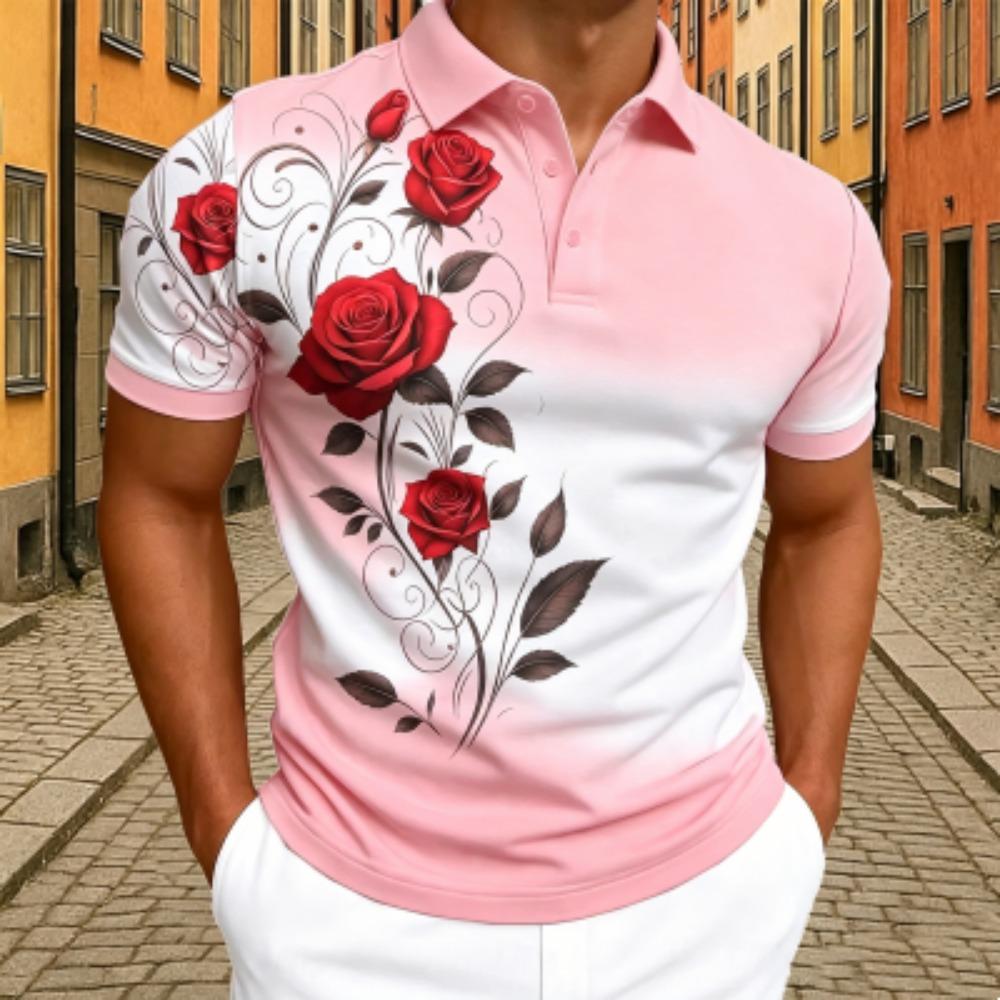 Elegant Rose Floral Print Polo Shirt Men's Outdoor Street Short Sleeve Tees Top Summer Home Casual T-shirt Men's and Women's Polo Shirt