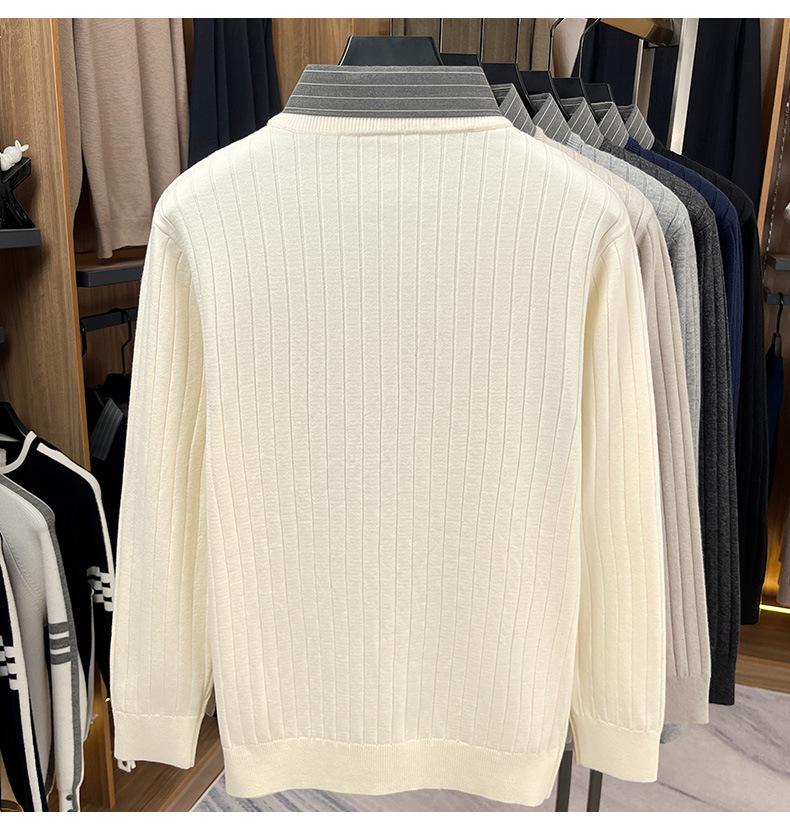 Men's Faux Two-Piece Autumn/Winter Knit Sweater with Shirt Collar - Casual Base Layer for Middle-Aged Dads