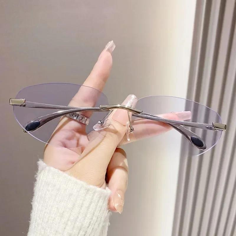 Unisex Frameless Metal Oval Glasses Korean Style Cat Eye Anti Blue Light Eyewear for Women Fashion Round