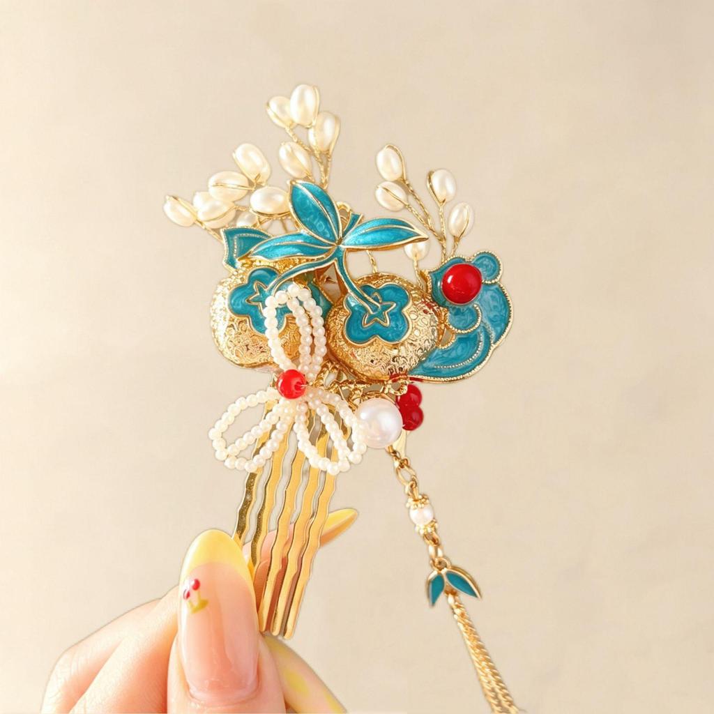 Persimmon Ruyi Xiuhe Tassel Hair Comb Ornament - Ancient Style Hairpin for Updos