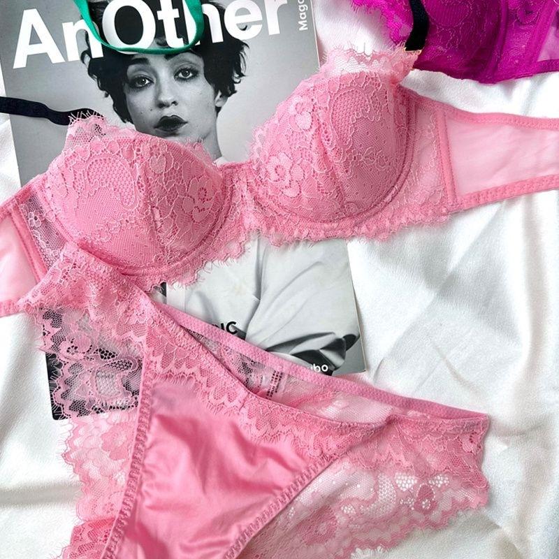 French Underwear Women's Thin Big Breasts Show Small Breasts, Lace Contrasting Color, Steel Rings Gather, Anti-sagging Bra, Rose Red Bra