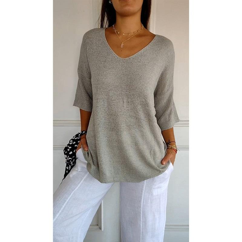 Women V Neck 3/4 Sleeve Loose Knit Top Solid Color Casual Lightweight Pullover Blouse