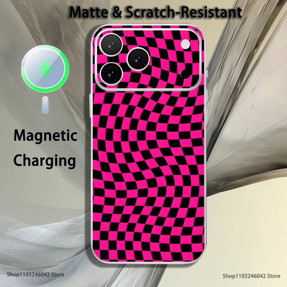 Checkered Pattern Magnetic Wireless Charging Transparent White Phone Case For iPhone 17,16,15,14,13,12,11,Pro,Max,Plus