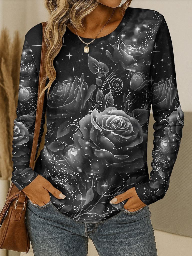 Damski T-shirt 3D Elegancki Wzór Kwiatowy Róży Modny Długi Rękaw Okrągły Dekolt Regularny Top Wakacje Weekend Wiosna Jesień