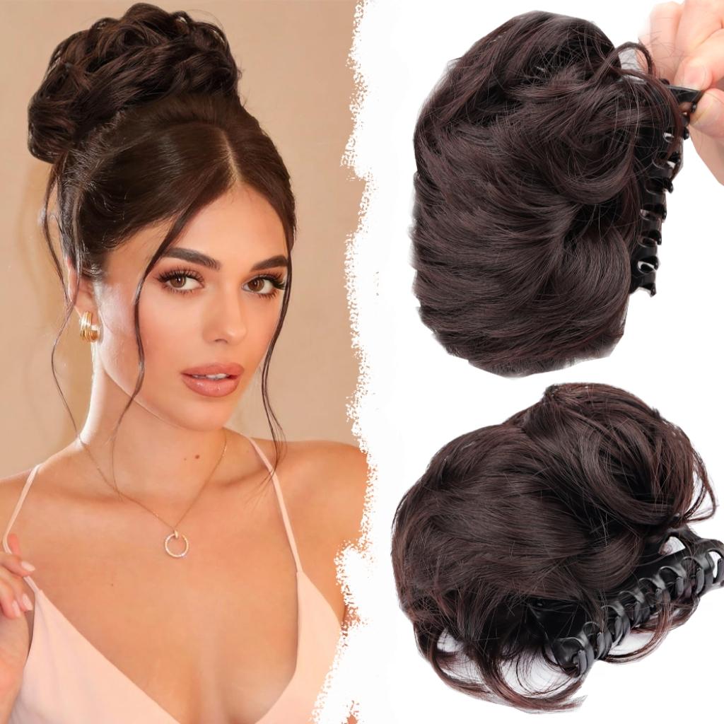 Peluca sintética con clip para mujer, extensiones de cola de caballo, moño despeinado, moño elegante y rizado.