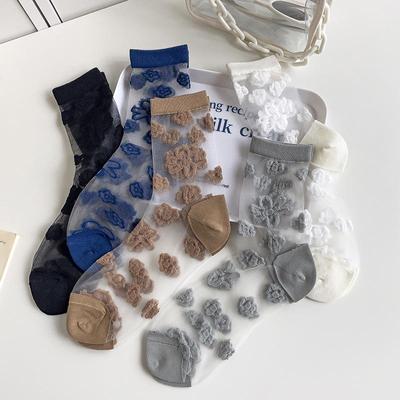 Chaussettes Vintage en maille et dentelle, Harajuku, broderie florale, chaussettes longues élastiques pour femmes, mode coréenne, chaussettes d'été Ultra-fines en soie cristal