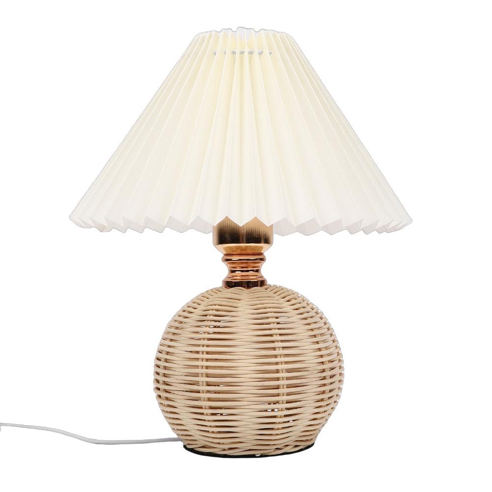 Soft Light Pleated Table Lamp Rattan Base Nightstand Lamp Modern Desk Accent Lamp Nightstand Decor