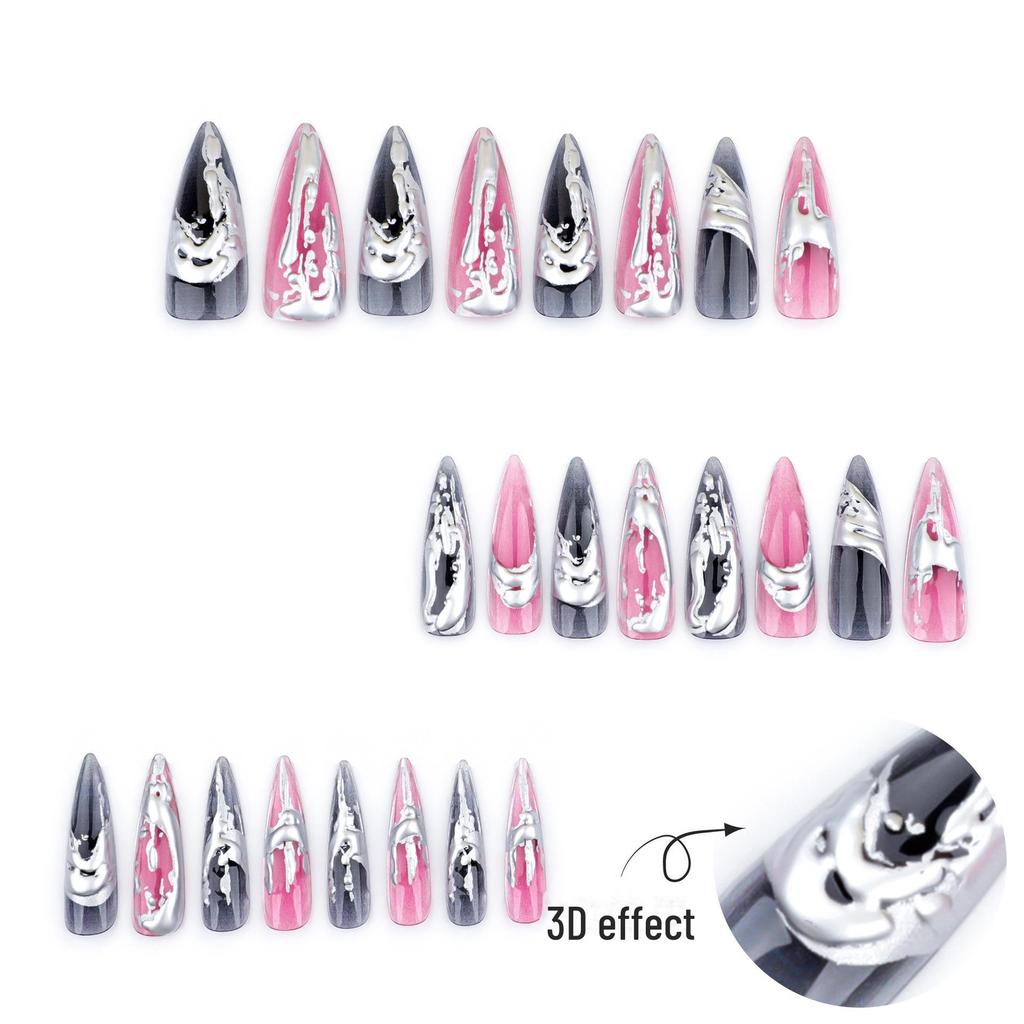 European & American Long Pointed 3D Silver Smudged Fake Nails - Popular Cross-Border Nail Art
