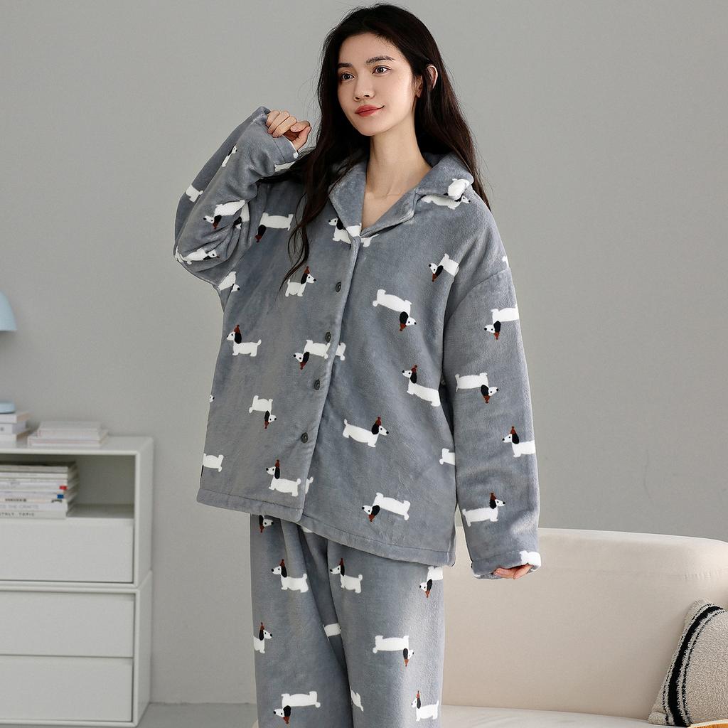 Coral Fleece Pajamas Women'S Autumn And Winter Fleece Thickened Warm Flannel Loungewear Winter Cute Cartoon Set
