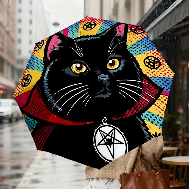 Black Cat with Pentagram Necklace Pop Art Print Umbrella - Auto Open/Closed, Outdoor Travel Accessory, Lightweight and Durable 056