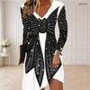 Women Plus Size V Neck Long Sleeve Black Floral Printed Curved Hem Dress