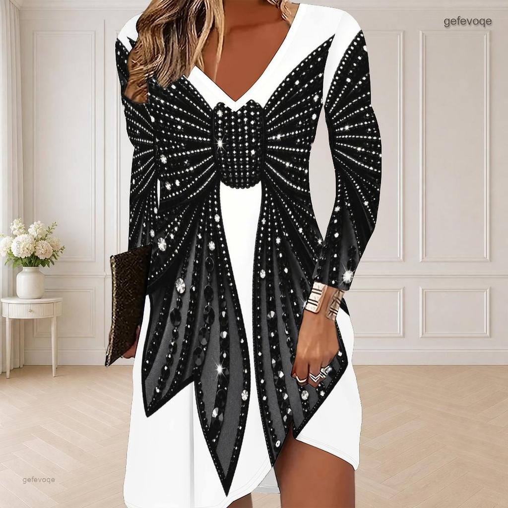 Women Plus Size V Neck Long Sleeve Black Floral Printed Curved Hem Dress