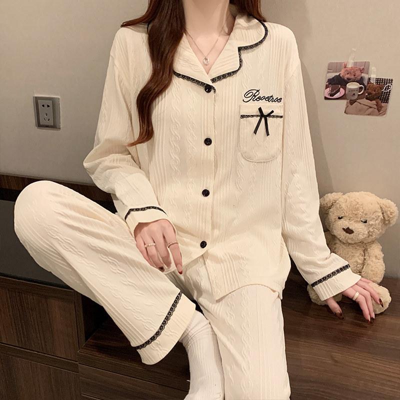 Pajamas Women's Spring and Fall Long-Sleeved Simple Style Can Be Worn Outside The Thin Section of Cotton Homewear Suit