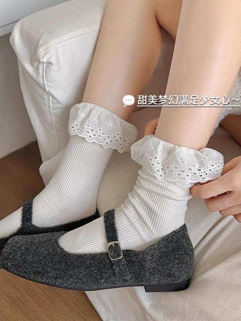 Gray Lace Socks Children'S Tube Socks Spring And Autumn Cotton Socks Ballet Girls Single Shoes Mary Jane Stockings