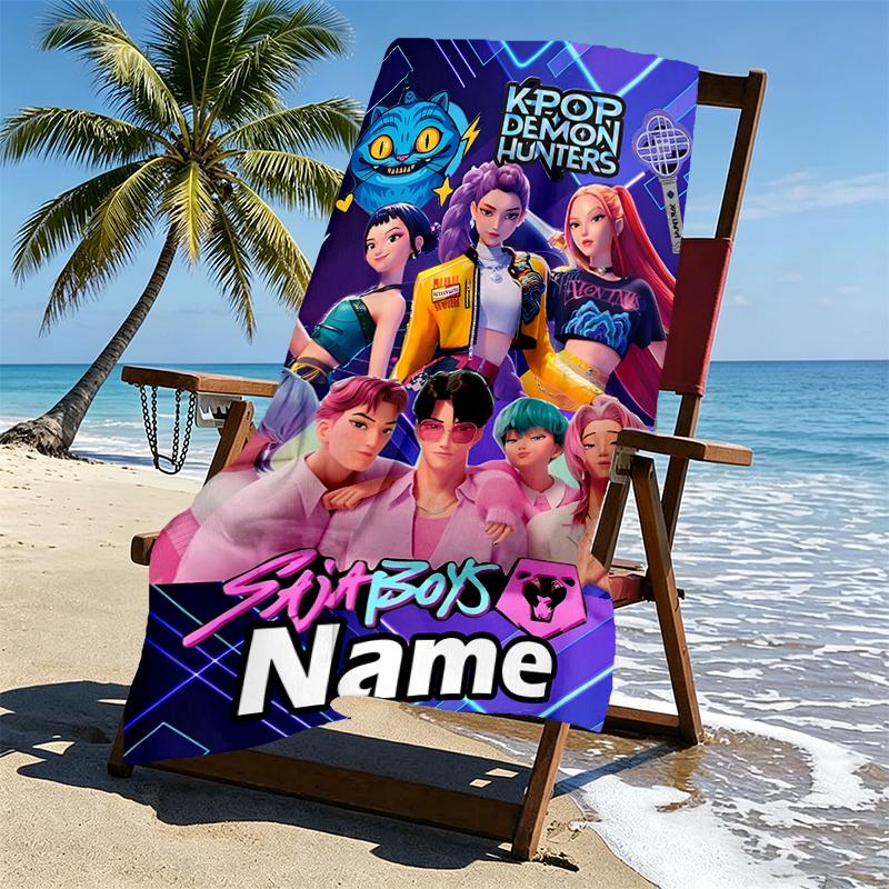 Custom Name Personalized KPop Demon Hunters Print Beach Towel, for Trip Camping Beach Party Home Decor, Birthday Gift for Family & Friends