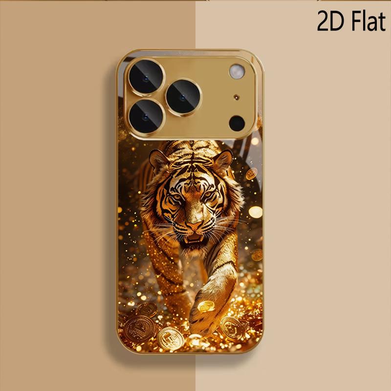 Golden Tiger Patterned tempered glass design for iPhone16 17 ProMax 1514 1312 11ProMax Phone Case Camera Cover Shockproof Hard B