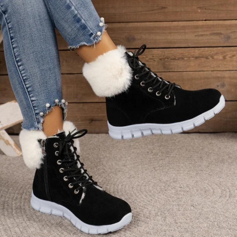 

2024 Brand Ladies Shoes Lace Up Zipper Women s Boots Winter Round Toe Solid Flock Plush Warm Short Barrel Low-heeled Snow Boots