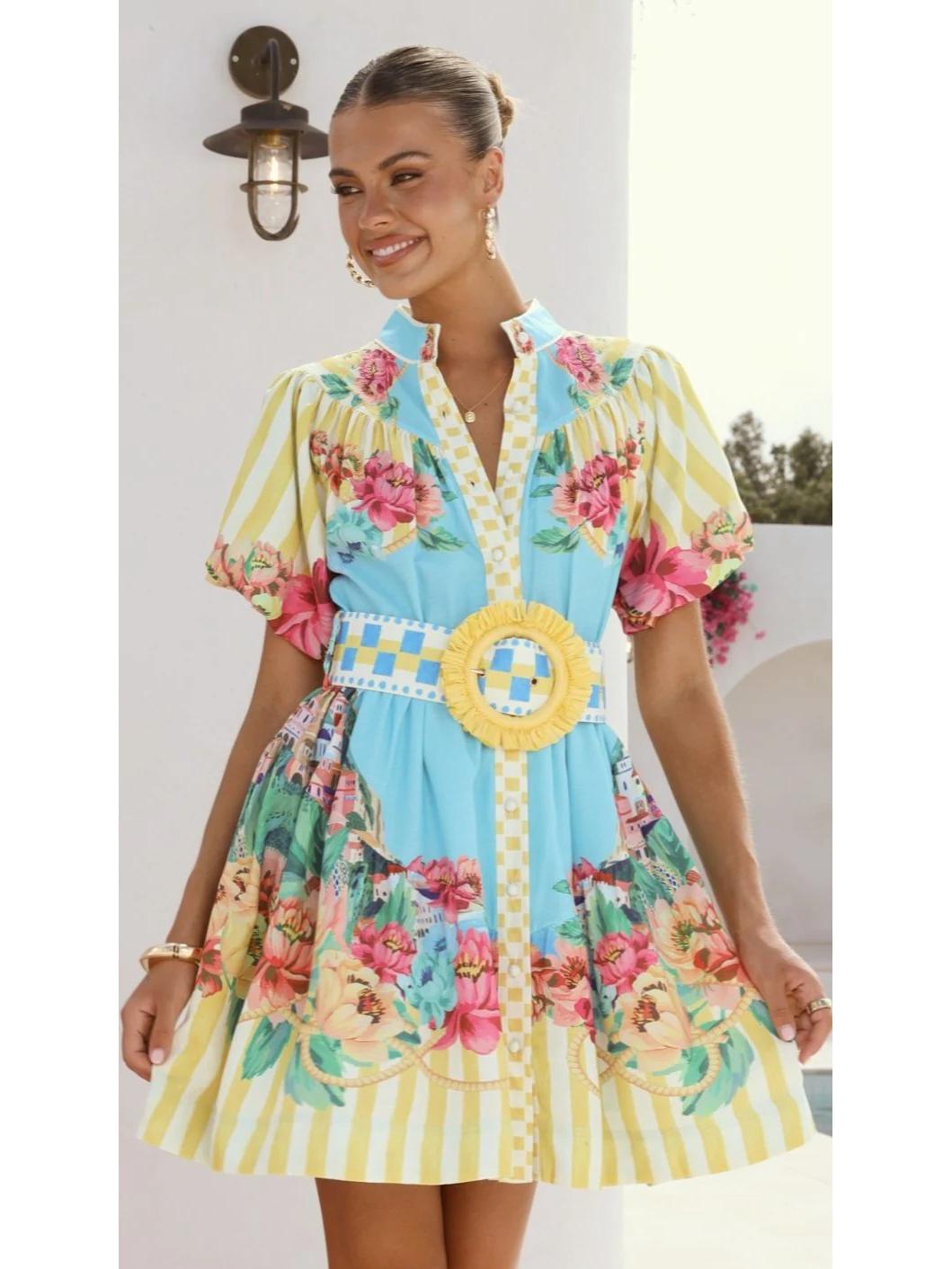 2025 Linen Puff Sleeve Waist-Cinching Casual Dress Medium жёлтый