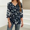 Women's Print Top Button-down V-neck T-shirt 3/4 Sleeve Loose Fashion Top