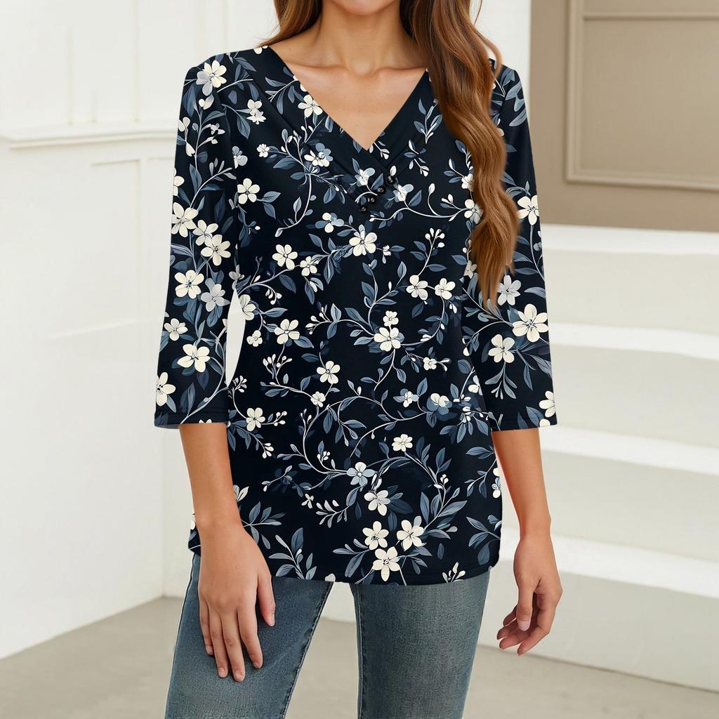 Women's Print Top Button-down V-neck T-shirt 3/4 Sleeve Loose Fashion Top