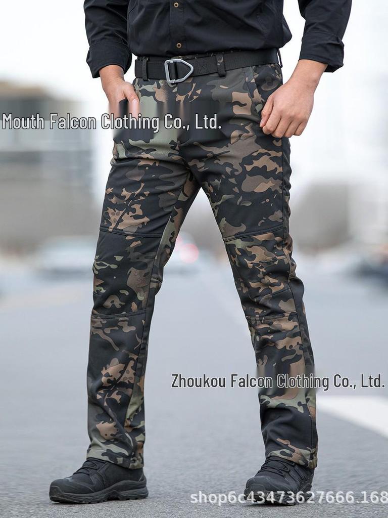 Męskie Zimowe Miękkie Spodnie Narciarskie Softshell Kamuflażowe z Podszewką z Polaru - Wiatroszczelne, Odporne na Zimno, Wielokieszeniowe