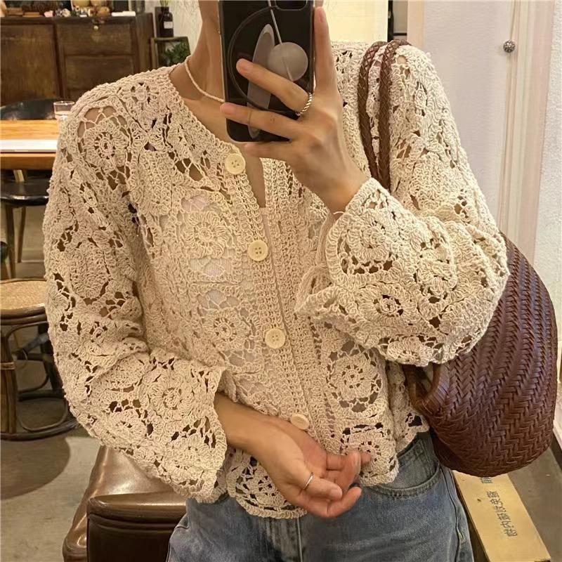 

DIMANAF 2024 Новая футболка женская вязаная кружевная жилетка с круглым вырезом полые летние стильные базовые топы футболки свободная одежда yh071 One Size бежевый