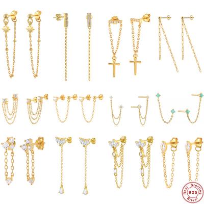 925 Ayar Gümüş Mikro Kakma Zirkon Saçaklı Kulak Çizgisi Çıtçıt Küpeler, İnce Mizaçlı Küpeler Kadın Yüksek Kaliteli Takı