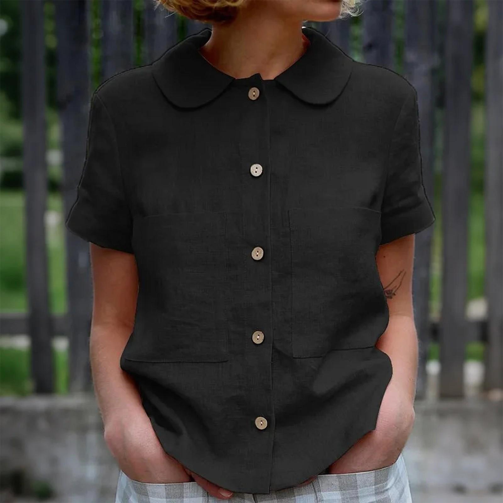 

Женский модный однотонный топ с короткими рукавами и круглым вырезом на пуговицах S чёрный