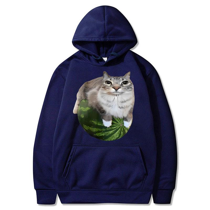 Funny Silly Watermelon Cat Meme Hoodie Women Humor Stylish Hilarious Long Sleeve Oversized Fleece Casual Pullover Streetwear