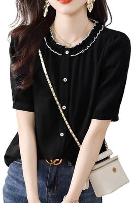 Blouse Summer Tops Short Sleeve Crew Neck Shirt Frill Collar Button Front Opening Top Stylish Feminine Clean Adult Casual OL Commuting [H. Zroy]