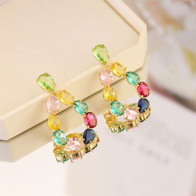 Color Zircon Oval Earrings Women'S High-End Sense Light Luxury Earrings Fashion Exaggerated Versatile Earrings
