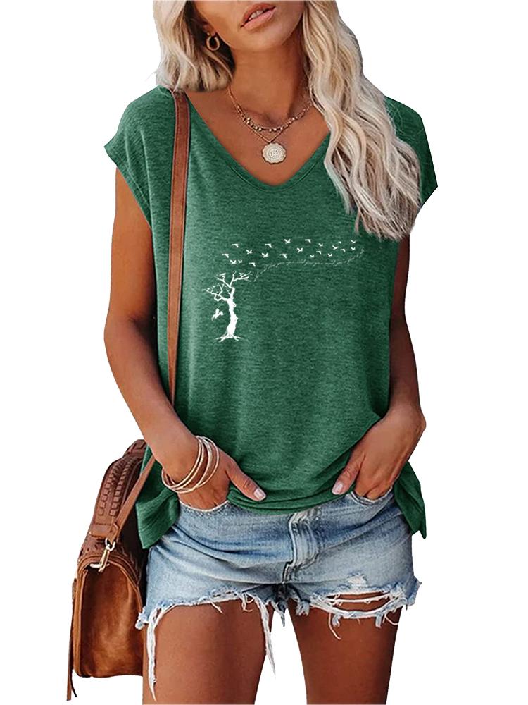 Women Fashion T-shirt Summer V Collar Print Short Sleeve Top Ladies Casual Tee Shirt