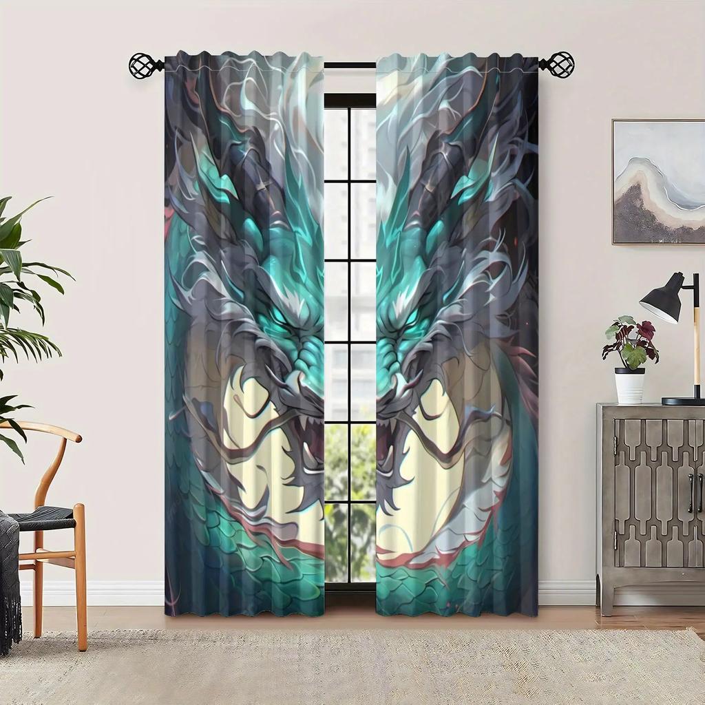 2pcs Vintage Dragon Print Blackout Curtains - Matte Polyester, Rod Pocket Design with Eyelet, Machine Washable, Fashio