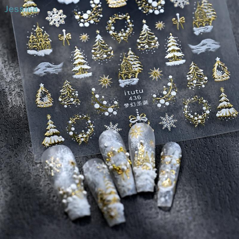 Christmas Relief Nails Art Stickers Dreamy Castle Christmas Tree Snowflake Self-Adhesive Manicure Decals Nail Decoration
