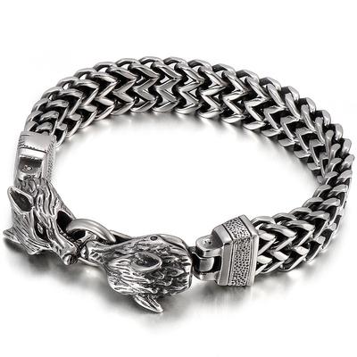 Men's Double Wolf Head Bracelet Man Vintage 12MM Width 316l Stainless Steel Punk Chain Gothic Animal Jewelry Accessory for Men