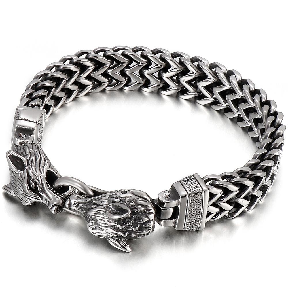Men's Double Wolf Head Bracelet Man Vintage 12MM Width 316l Stainless Steel Punk Chain Gothic Animal Jewelry Accessory for Men