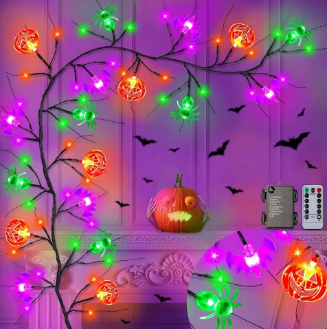 

1.8m 54 LED Halloween Black Willow Vine String Lights With Bat Spider Pumpkin Decorative Lamp For Home Room Yard Halloween Decor