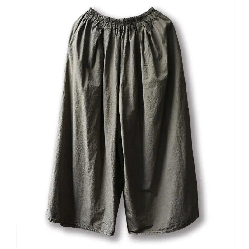 Johnature Women Cotton Vintage Wide Leg Pants Elastic Waist Loose Olive Grey Autumn Trouser Women Casual Soft Pants