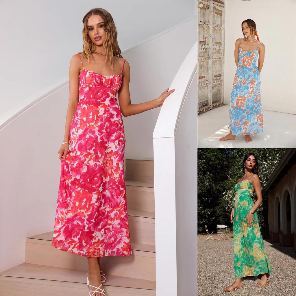 Europäischer & Amerikanischer Stil Tief ausgeschnittenes Sommerkleid mit dünnen Trägern - 23069-1