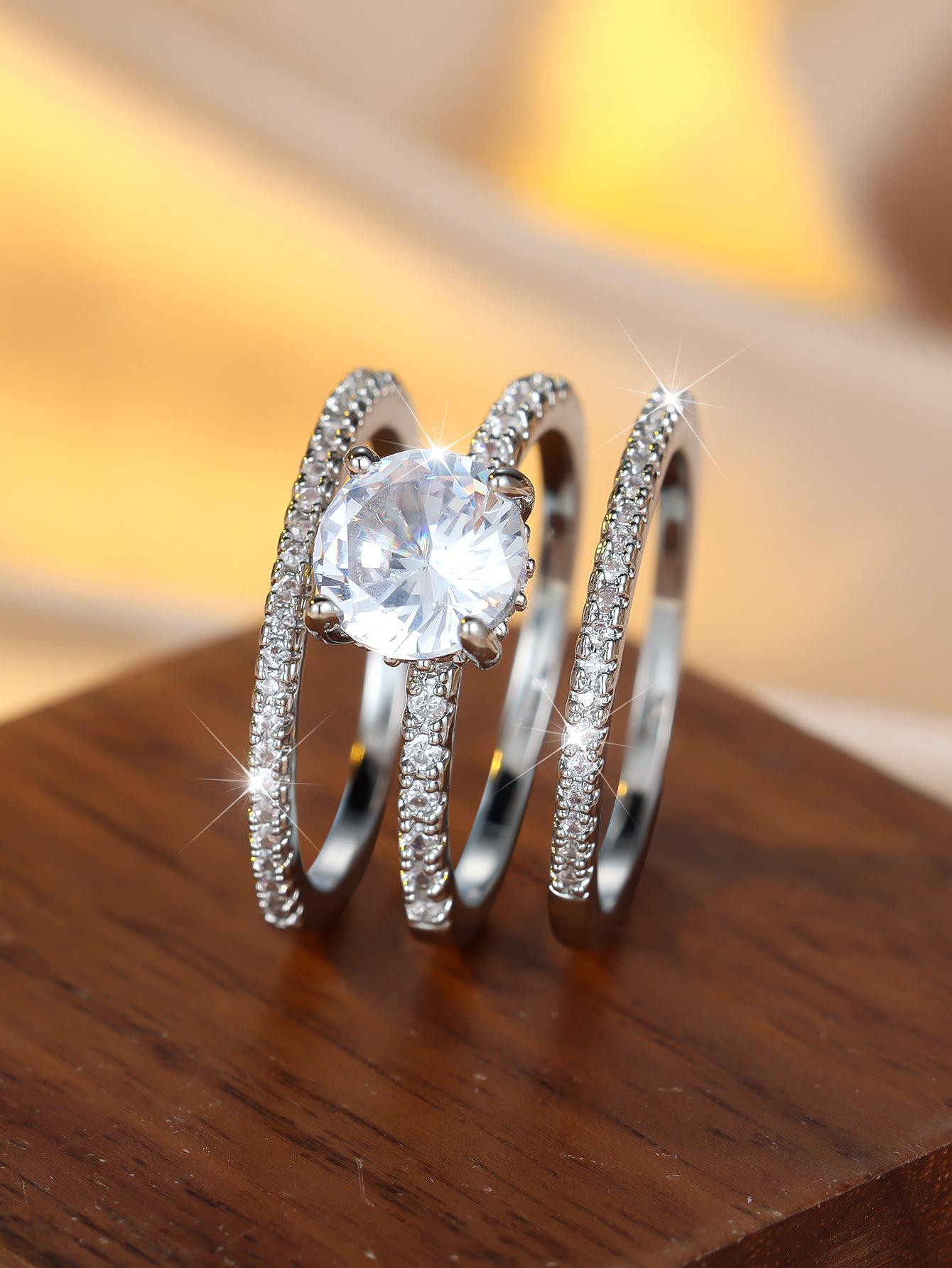 

White K round white diamond edge three-piece ring for women, high-end simple and versatile no. 6