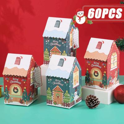 1-60PCS Christmas Snowman Gingerbread House Little House Candy Biscuit Boxes Bow Boxes Gift Colour Boxes Christmas Decorations