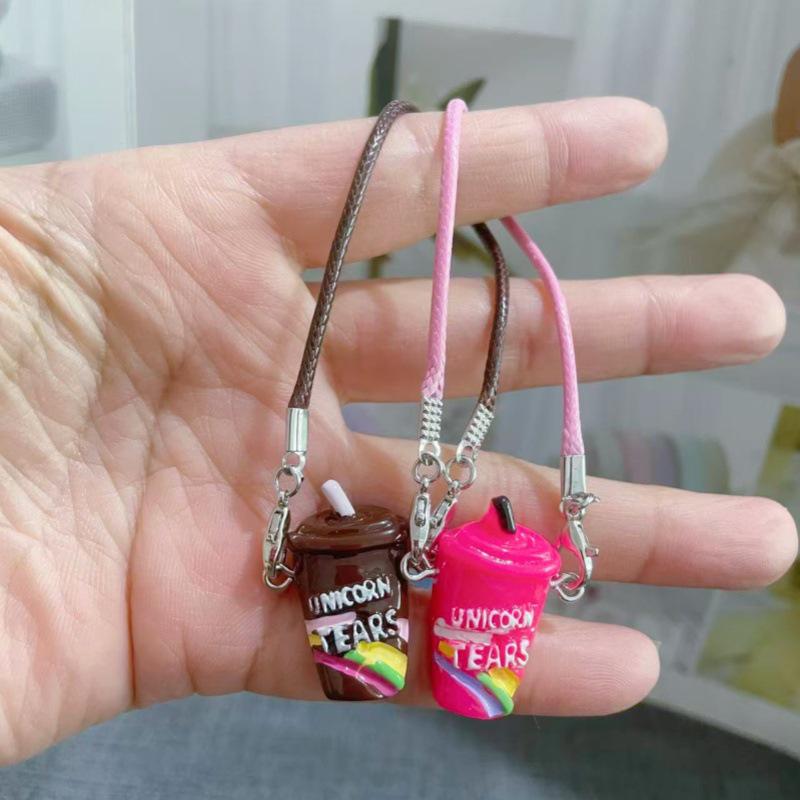 Mini Cartoon Rainbow Milk Tea Cup Pendant with Lanyard