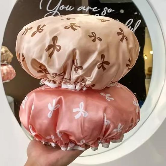 Women Waterproof Shower Cap Double Layer Bath Hair Hat with Elastic Band Reusable Moisture Proof Hair Cover for Bathroom Kitchen