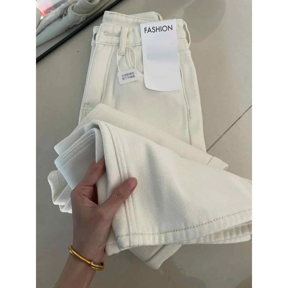 Women's High Rise Wide Leg Jeans Loose Fit Fleece Lined Straight Leg White Denim Pants Warm Drape Trousers For Winter